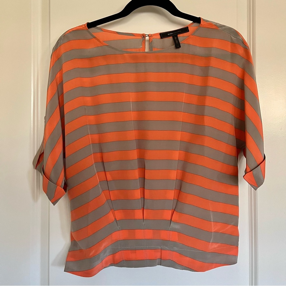 BCBGMaxAzria Orange and Taupe Striped Blouse
